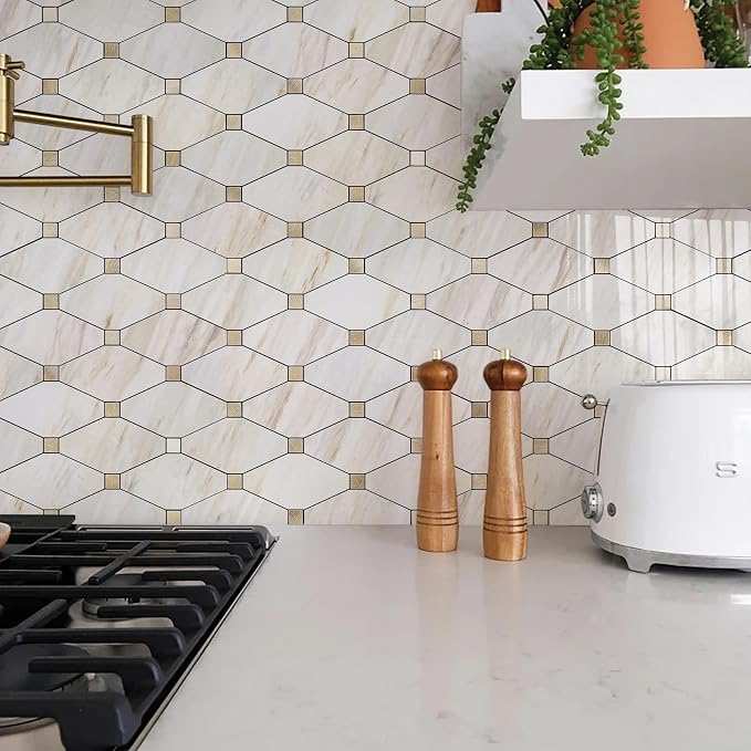 STICKGOO 10 Sheets Peel and Stick Backsplash, Polished Eurasia Beige | Glossy Marble Look Kitchen Backsplash, Waterproof, Stick on Tile for Bathroom, Fireplace, RV