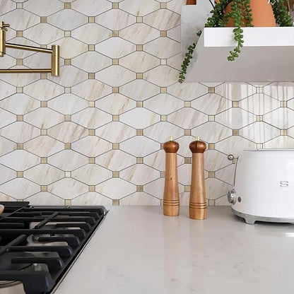 STICKGOO 10 Sheets Peel and Stick Backsplash, Polished Eurasia Beige | Glossy Marble Look Kitchen Backsplash, Waterproof, Stick on Tile for Bathroom, Fireplace, RV