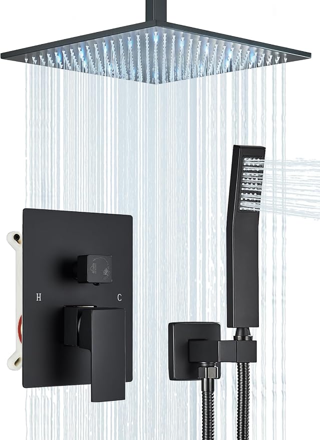 Matte Black Shower Faucets Sets Complete with 16" High Pressure LED Rainfall Shower Head and Handheld Spray Ceiling Mount Shower System Rough-in Valve Body and Trim Included