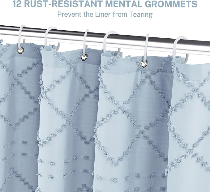Siiluminisoy Extra Long Fog Blue Boho Shower Curtain - Woven Fabric, 72 x 84 Tufted Chevron Textured Striped Modern Farmhouse Minimalist Cloth Shower Curtain for Bathroom