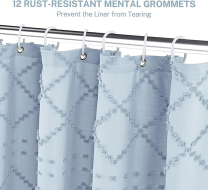 Siiluminisoy Extra Long Fog Blue Boho Shower Curtain - Woven Fabric, 72 x 84 Tufted Chevron Textured Striped Modern Farmhouse Minimalist Cloth Shower Curtain for Bathroom