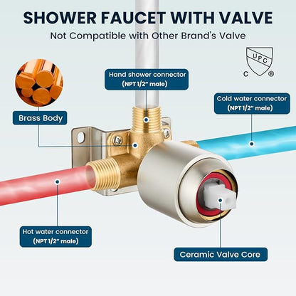 gotonovo Shower Faucet Set with Valve Kit 6 Mode Handheld Brushed Nickel | Bathroom Shower Head and Handle Set,6 Modes ABS Handheld Spray,Pressure Balance Valve and Trim Kit Complete,Single-Handle