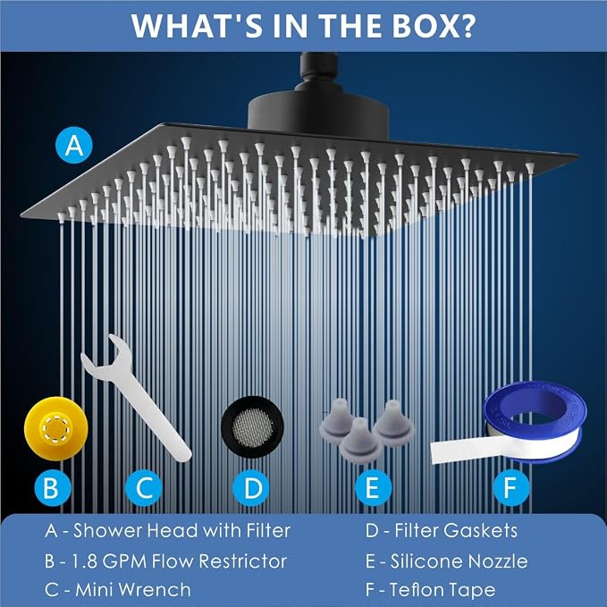 Voolan Rain Shower Head with Filtered - High Flow Large Rainfall Shower Heads Made of Stainless Steel - Waterfall Showerhead Filter For Hard Water(10" Matte Black)