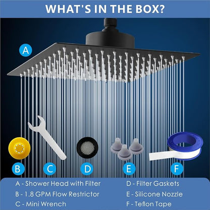 Voolan Rain Shower Head with Filtered - High Flow Large Rainfall Shower Heads Made of Stainless Steel - Waterfall Showerhead Filter For Hard Water(10" Matte Black)