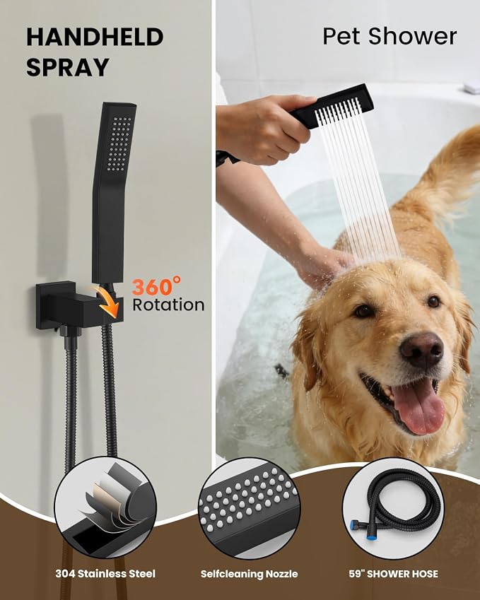 gotonovo Tub Shower Faucet Set with Valve 12'' Rain Head,Matte Black | Waterfall Tub Spout Shower System,Bathtub Faucet Set,SUS304 Rain Head with Handheld,Brass Valve Trim Kit,All Metal,Wall Mount