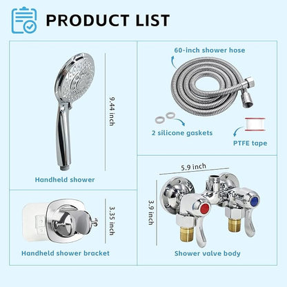 Outdoor Shower Kit Fixture Dual Handle Solid Brass 4 Inch Center Mix Valve with 59 Inch Hose and Showerhead Outdoor Shower System with ABS 6 Spray Mode Handheld Chrome Polish