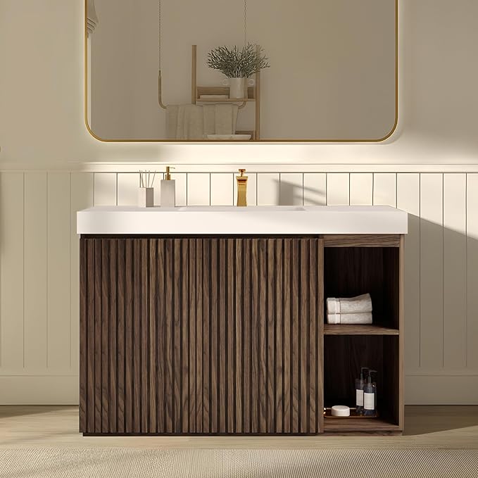 48" Bathroom Vanity with Sink, Freestanding Single Sink Bathroom Vanity with White Engineered Stone Top & Open Side Storage, Soft-Closing Doors with Adjustable Shelf, Walnut