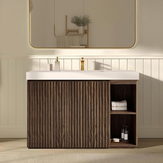 48" Bathroom Vanity with Sink, Freestanding Single Sink Bathroom Vanity with White Engineered Stone Top & Open Side Storage, Soft-Closing Doors with Adjustable Shelf, Walnut