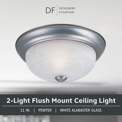 DESIGNERS FOUNTAIN Reedley 2-Lights Flush Mount Ceiling Light, 11 Inch Lighting Fixture for Kitchen, Bedroom, Bathroom, and Hallway, White Alabaster Glass, Pewter, 1257S-PW-AL