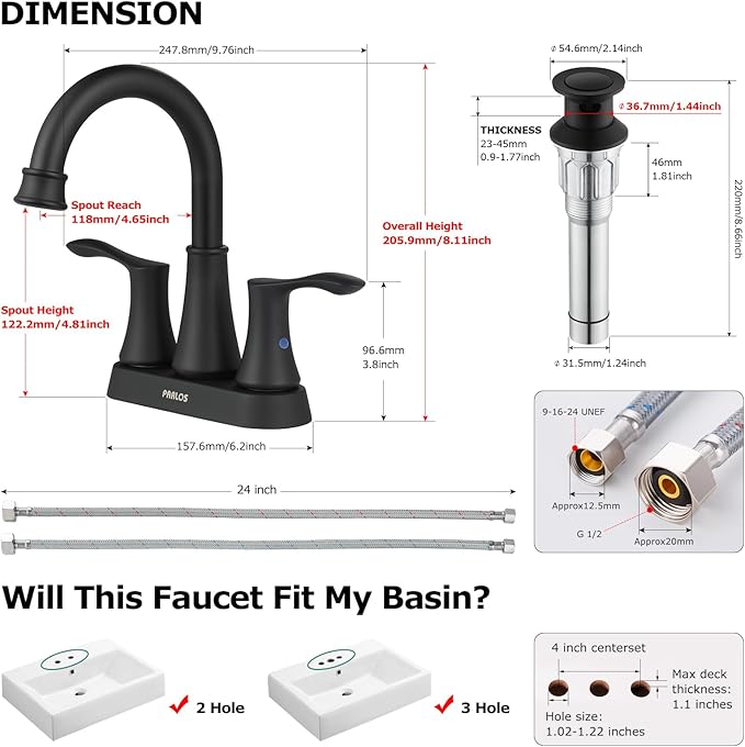 PARLOS 2-Handle Bathroom Sink Faucet High Arc Swivel Spout with Metal Drain Assembly and Faucet Supply Lines, Matte Black, Demeter 14134
