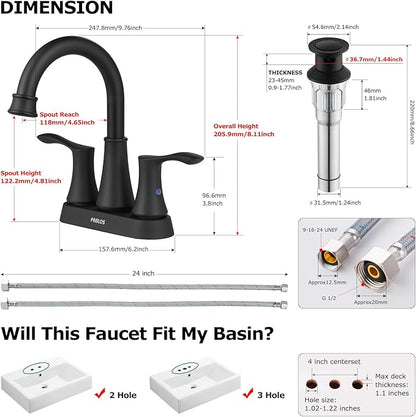 PARLOS 2-Handle Bathroom Sink Faucet High Arc Swivel Spout with Metal Drain Assembly and Faucet Supply Lines, Matte Black, Demeter 14134