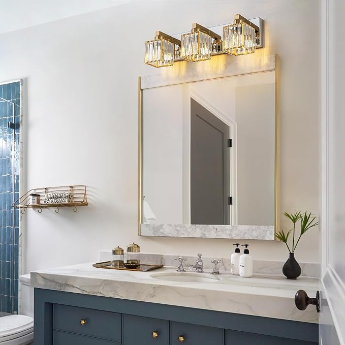 Gold Chrome Crystal Bathroom Light 3-Light Modern Bathroom Vanity Light Fixtures Over Mirror Wall Sconce