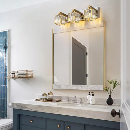 Gold Chrome Crystal Bathroom Light 3-Light Modern Bathroom Vanity Light Fixtures Over Mirror Wall Sconce