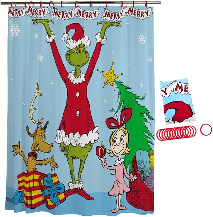 Dr. Seuss The Grinch Holiday 13-Piece Shower Curtain Set, 72 x 72 Inch Fabric Curtain with Hooks, Bathroom Decor, Machine Washable, (100% Officially Licensed Product) by Franco Collectibles