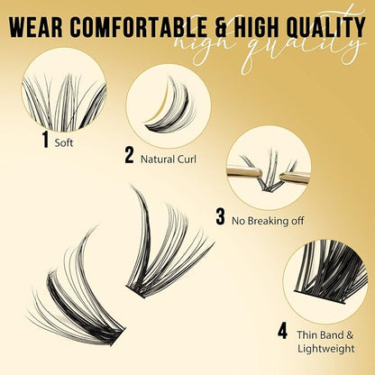 QUEWEL Lash Clusters 320Pcs 30D+40D D Curl Lash Cluster Eyelash Extensions | Cluster Lashes Mix9-16mm Individual Eyelashes Clusters Wispy Lash Clusters Thin Band Soft to Use at Home(30D+40D D Mix9-16)