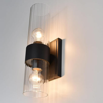 Textured Black Modern Bathroom Sconces Wall Lighting with Clear Ribbed Glass, Brushed Nickel 2-Light Bathroom Vanity Light Fixtures for Mirror Living Room Hallway Bedroom