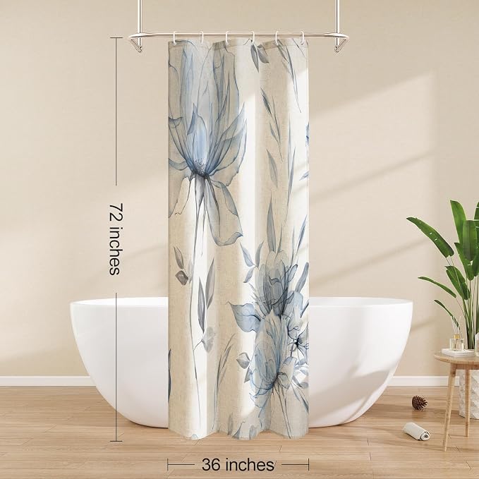 Blue Floral Linen Shower Curtain, Watercolor Botanical Design, 36 x 72 | Boho Floral Design, Watercolor Botanical Style, Ink Painting Flowers & Leaves, Linen Blend Fabric Curtain