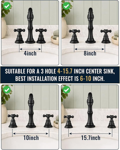 gotonovo Bathroom Faucet 3 Hole Vintage, Matte Black, H C Label | Widespread Bathroom Sink Faucet 8 Inch 2 Cross Handles,Pop Up Drain,cUPC Supply Line,4-15.7” Install,for Vanity Farmhouse RV