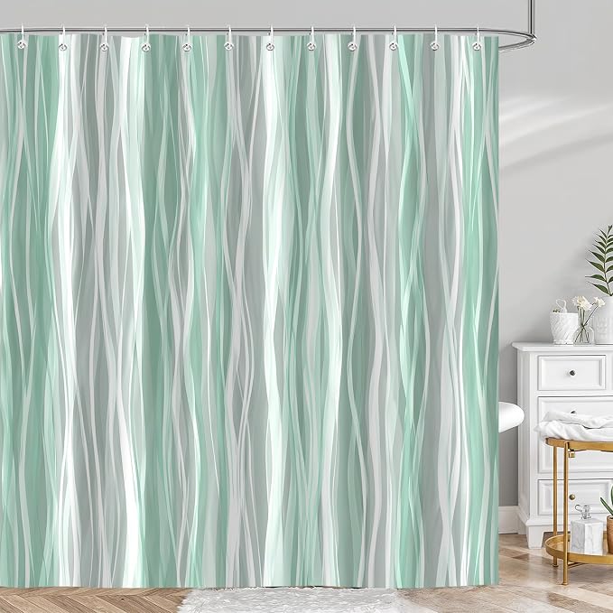 Moonslim Sage Green Grey Ombre Shower Curtain, Modern Wavy Abstract Striped Line Bathroom Curtain, Waterproof Fabric Bath Decor, 72 x 72 Inch