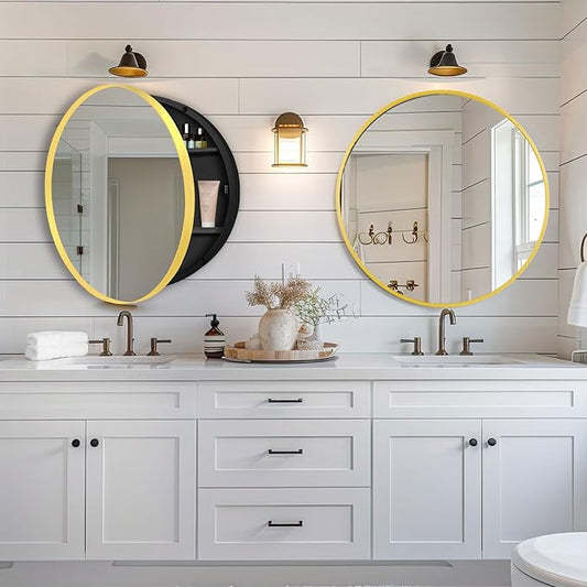 24 in Round Gold Medicine Cabinet with Mirror,Modern Bathroom Medicine Cabinet for Wall Metal Framed, Surface Mount Only Circular Storage Cabinet Shatterproof with Vanity Mirror