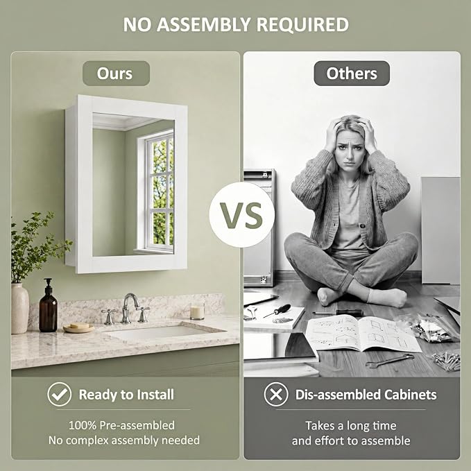 Buruis 24 x 30 Inch Bathroom Wood Medicine Cabinet Mirror, White | Fully Assembled Design, Adjustable Glass Shelves, Soft-Close Hinges, Bathroom Storage Organizer, Left/Right Opening
