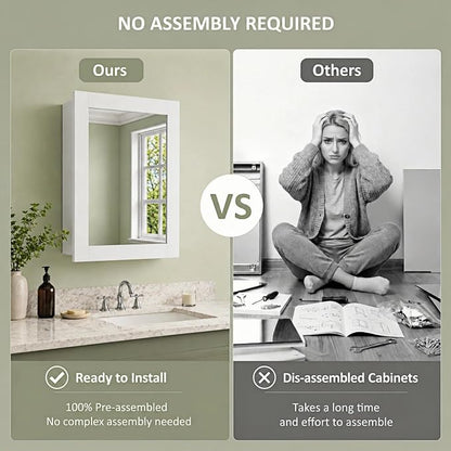 Buruis 24 x 30 Inch Bathroom Wood Medicine Cabinet Mirror, White | Fully Assembled Design, Adjustable Glass Shelves, Soft-Close Hinges, Bathroom Storage Organizer, Left/Right Opening