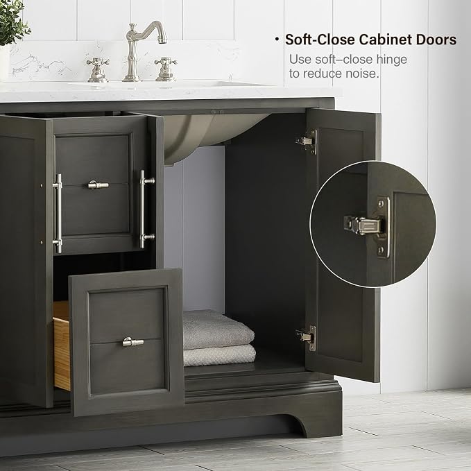 Vanity Art 60 Inch Bathroom Vanity with Double Sink, Silver Grey | Solid Wood, Ceramic Sink, Marble Top, Waterproof Backsplash, Pre-assembled, Soft-close Doors, Ample Storage, Freestanding