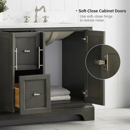 Vanity Art 60 Inch Bathroom Vanity with Double Sink, Silver Grey | Solid Wood, Ceramic Sink, Marble Top, Waterproof Backsplash, Pre-assembled, Soft-close Doors, Ample Storage, Freestanding