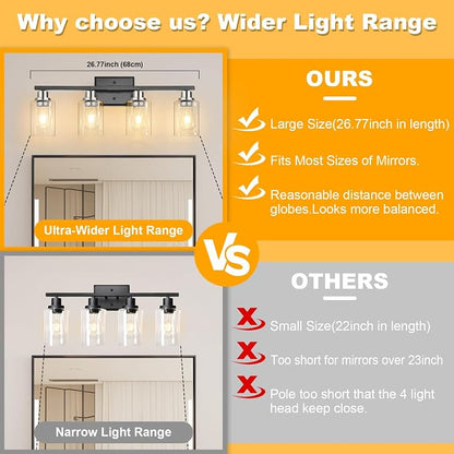 Unicozin Modern Bathroom Light Fixtures, 4 Light Vanity Lights Over Mirror, Black and Brushed Nickel Wall Lamp with Clear Glass for Living Room Cabinet Bedroom Porch