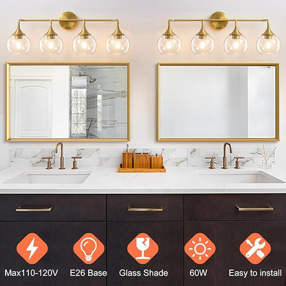 Bathroom Vanity Light Gold, 4 Light Bathroom Light Fixtures Over Mirror with Clear Glass Shade, 31 inch Vanity Lights for Bathroom Farmhouse (Exclude E26 Bulb)