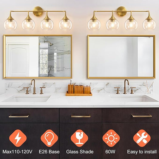 Bathroom Vanity Light Gold, 4 Light Bathroom Light Fixtures Over Mirror with Clear Glass Shade, 31 inch Vanity Lights for Bathroom Farmhouse (Exclude E26 Bulb)