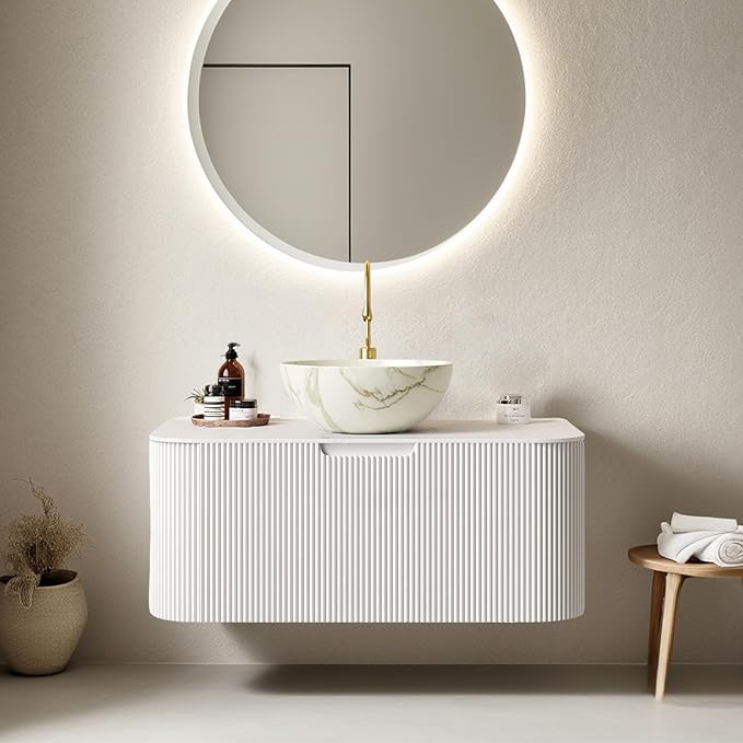 36" Floating Bathroom Vanity with Sink, Modern Bathroom Cabinet with Vessel Bowl Shape Ceramic Basin and Marble Top, Large Storage Drawer, Soft-Close Design, Pre-Assembled Cabinet, White