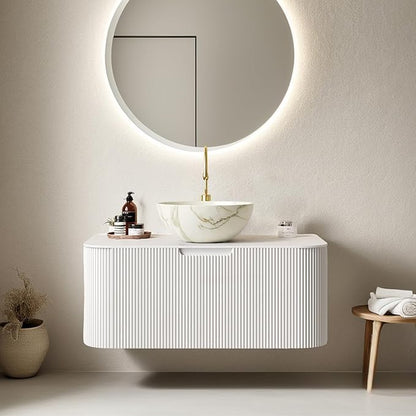 36" Floating Bathroom Vanity with Sink, Modern Bathroom Cabinet with Vessel Bowl Shape Ceramic Basin and Marble Top, Large Storage Drawer, Soft-Close Design, Pre-Assembled Cabinet, White
