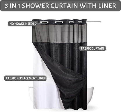 Furlinic Extra Long No Hook Waffle Weave Shower Curtain with Snap in Fabric Liner Set,Heavy Duty Bathroom Curtains with See Through Window,Machine Washable & Waterproof,Black,71x84 Inch