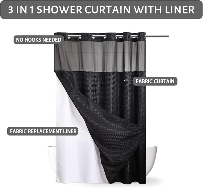 Furlinic No Hook Waffle Weave Shower Curtain with Snap in Liner Set,Heavy Duty Fabric Textured Bathroom Curtain with Sheer Window,Waterproof & Machine Washable,Black,Stall Size 54x80 Inch