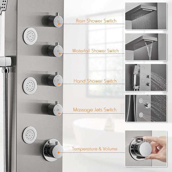 ROVATE 4-in-1 Rainfall Waterfall Shower Panel Tower System, Brushed Finish | Shower Column with Body Massage Jets and Handheld, Stainless Steel High Pressure, Use Multiple Functions Simultaneously