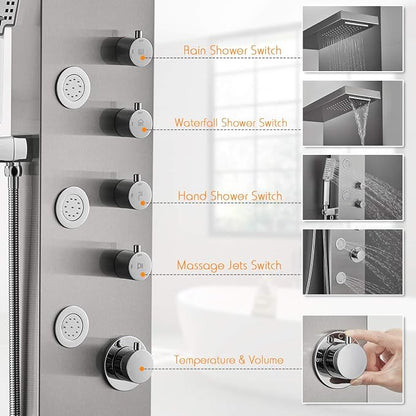 ROVATE 4-in-1 Rainfall Waterfall Shower Panel Tower System, Brushed Finish | Shower Column with Body Massage Jets and Handheld, Stainless Steel High Pressure, Use Multiple Functions Simultaneously