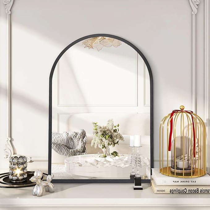 Arched Wall Mirror, 26"x18" Black Arch Mirror, Metal Frame Black Bathroom Mirror, Arched Vanity Mirror for Living Room Bedroom Mantel Entryway