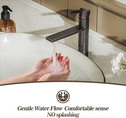 One Hole Tall Bathroom Vessel Sink Faucet, Oil Rubbed Bronze Single Hole Single Handle Modern Bathroom Faucet, with Pop Up Drain and Water Supply Line, FH02-ORB-V