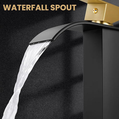 Airuida Vessel Sink Faucet, Black&Gold Tall Waterfall Bathroom Faucet | Single Handle,Tall Bathroom Faucet 1 Hole,Vanity Faucet,without Drain,Bowl Bathroom Faucet