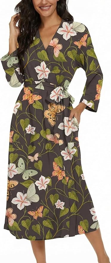 VINTATRE Women Kimono Robes Long Knit Bathrobe Lightweight Soft Knit Sleepwear V-neck Casual Ladies Loungewear