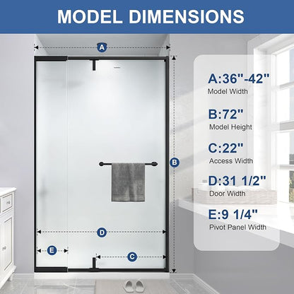 36-42" W x 72" H Frosted Pivot Shower Glass Door Matte Black | 1/4"(6mm) SGCC Tempered Glass with Explosion-Proof Film &Nano Coating,Customizable Width