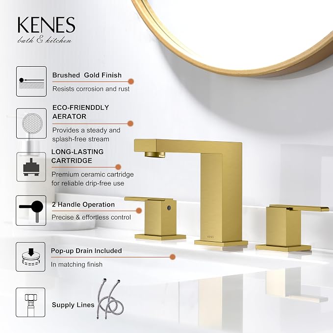 Brushed Gold Widespread Bathroom Faucet 3 Hole Vanity Faucet 2 Handle | Bathroom Sink Faucet with Pop Up Drain & Supply Lines, Lead-Free cUPC & NSF Certified, 8 Inch Faucet for Vanity Restroom Sink