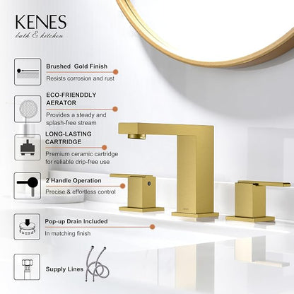 Brushed Gold Widespread Bathroom Faucet 3 Hole Vanity Faucet 2 Handle | Bathroom Sink Faucet with Pop Up Drain & Supply Lines, Lead-Free cUPC & NSF Certified, 8 Inch Faucet for Vanity Restroom Sink