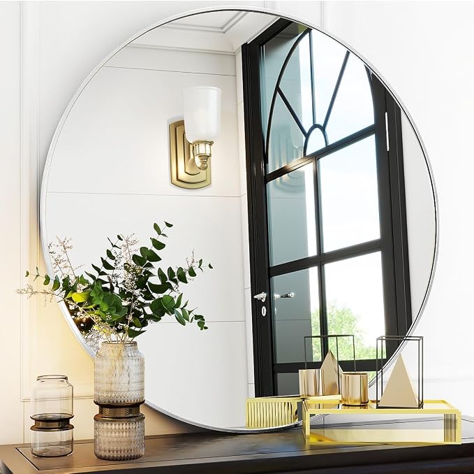 Silver Round Bathroom Mirror 30", Thin Metal Frame Wall Mirror | Circle Vanity Mirror for Over Sink, Hanging or Leaning Decor for Hallway, Entryway, Fireplace Mantel, Living Room
