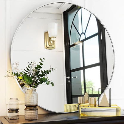 Silver Round Bathroom Mirror 30", Thin Metal Frame Wall Mirror | Circle Vanity Mirror for Over Sink, Hanging or Leaning Decor for Hallway, Entryway, Fireplace Mantel, Living Room