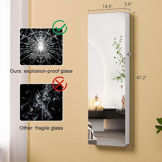 HNEBC Over the Door Jewelry Organizer with LED Lights, 47.2" Full Length Mirror with Storage, Wall Mounted Jewelry Armoire, Hanging Mirror with 2 Drawers,Lokable,3 Shelves-White