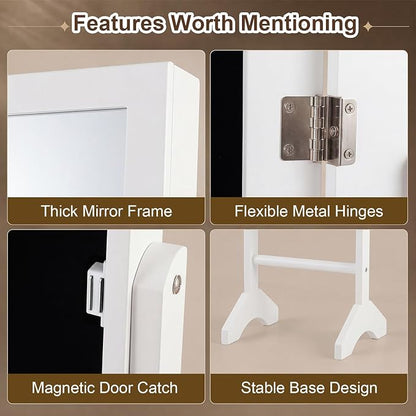 Giantex Jewelry Armoire with Full Length Mirror, Freestanding Jewelry Organizer Cabinet with Ring Slots, Earring Holders, Necklace Hooks & Storage Shelves for Bedroom (White)