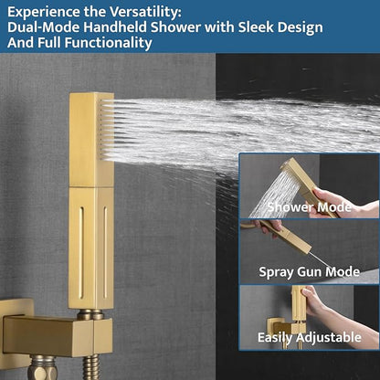 Thermostatic Shower System Brushed Gold, Push Button Diverter Shower Faucet with 2 in 1 Handheld, Ceiling Mount 12 Inch Shower Head with 6 Inch Wall Mount Shower Head