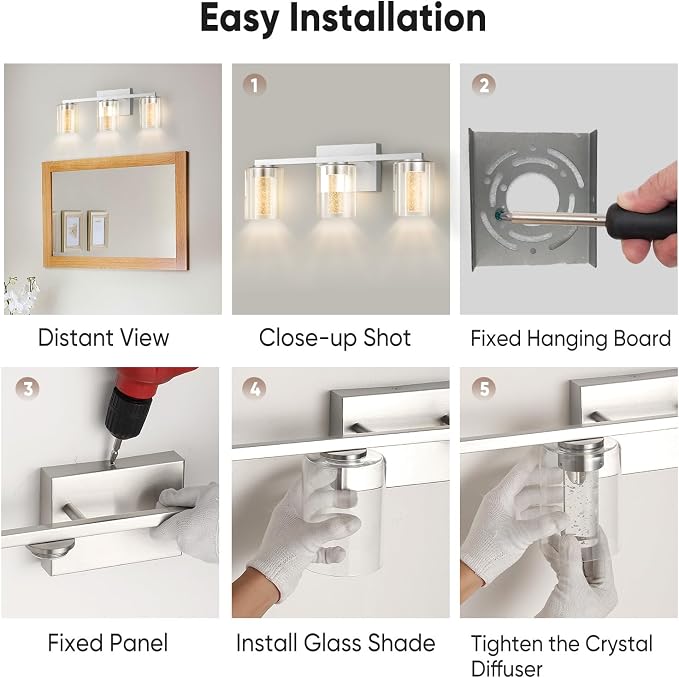 LED Modern Bathroom Light Fixtures Over Mirror, 3-Light Brushed Nickel Vanity Lights with 5 Color Modes, Dimmable Bathroom Vanity Light with Crystal Bubble Glass, 2700K-6500K Adjustable, ETL